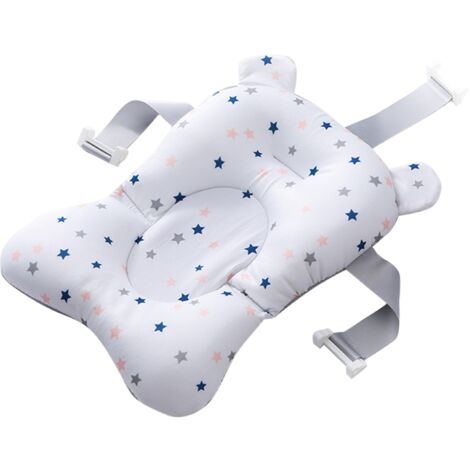 Sichere Babybadematte, Schlaufendesign, verbesserter Auftrieb für Badewanne und Waschbecken, blau-weiße Sternenmuster.