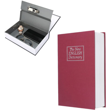 Sicherheitsbox im Buchstil [Attrappe] Tragbare Aufbewahrungsbox mit 3-stelligem Zahlenschloss für Bankkarten, Schmuck, Bargeld, Abmessungen 240 x 160 x 55 mm, Rot, ABS/Metall