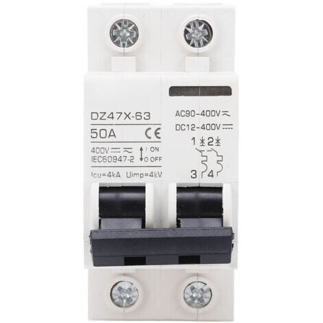 Sicherungen 50 A, 400 V AC/DC, 2-polig, Auslösevermögen 4 kA, elektromagnetisch auslösender Sicherungsautomat mit Ausschaltvermögen für Photovoltaik-Anlagen mit Solarmodulen, Montage auf DIN-Schiene 3