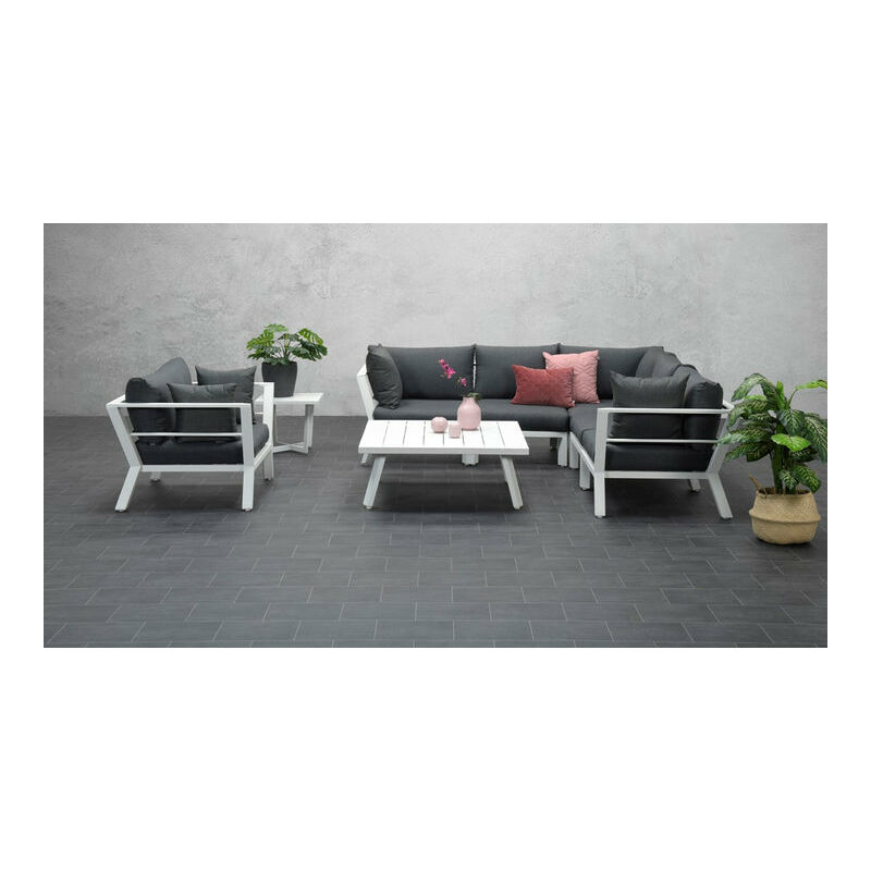 Image of Sicilly Corner Group and Armchair with Coffee Table - Matt White frame with Charcoal Cushions