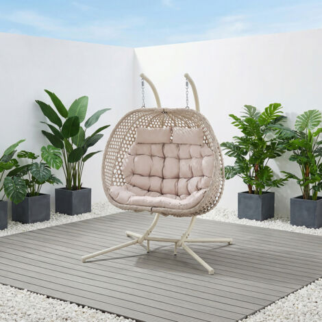 SICILY GARDEN DOUBLE EGG CHAIR OUTDOOR INDOOR FOLDING RATTAN METAL HANGING SWINGING CHAIR (Beige)