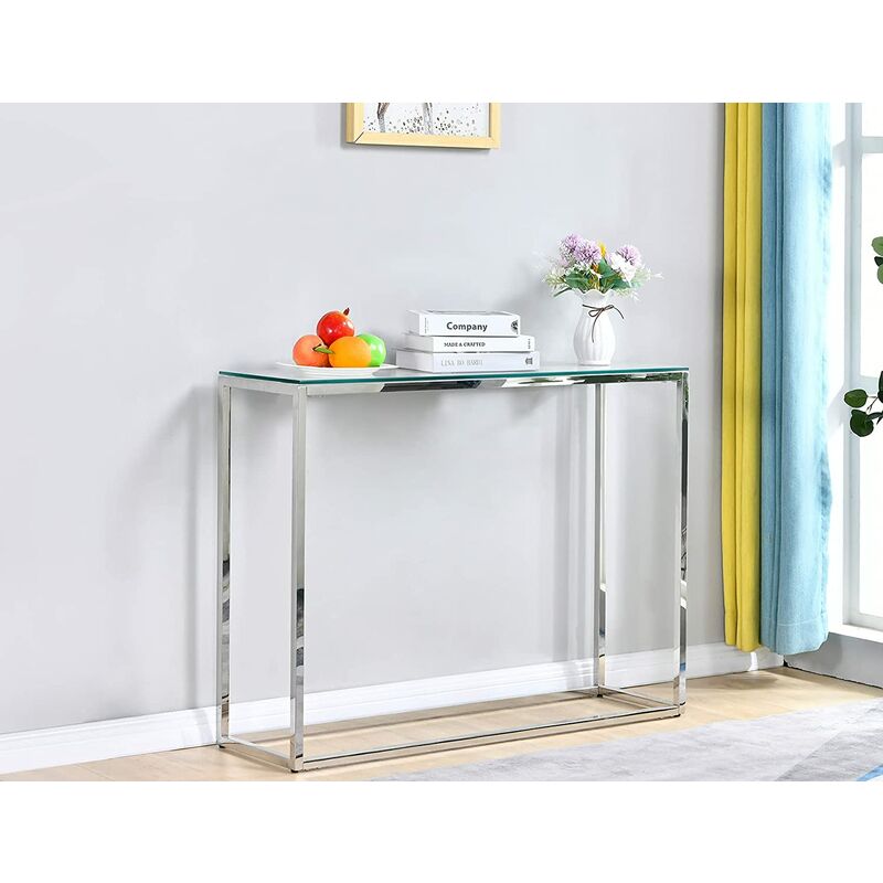 Table Console, Table de Canapé en Verre Trempé Table d'Entrée Moderne avec Cadre Métallique pour le Salon, l'entrée, le Couloir, la Chambre à