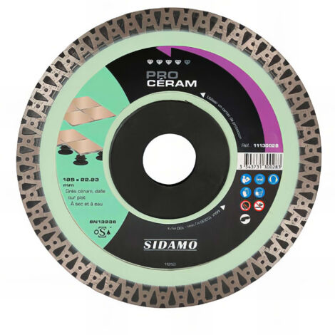 Sidamo – Disque diamant pour meuleuse 11130027 – 115mm alésage 22,23mm – Tronçonnage grès céram – Couronne continue pour finition précise