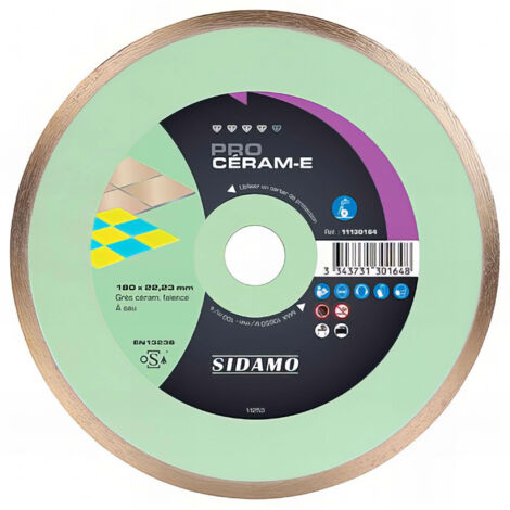Sidamo – Disque diamant pour meuleuse 180 mm – Alésage 22,23 mm – Jante continue pour coupe nette – Grès céram et faïence