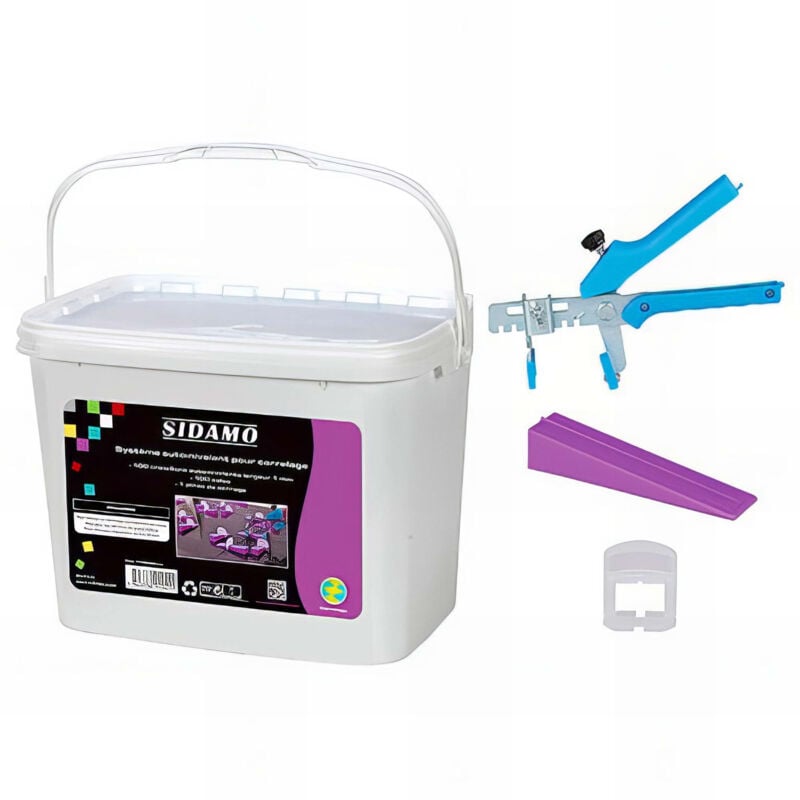 Kit pince + 100 cales + 100 croisillons 3 mm auto-nivelants en seau - 11200038 Sidamo