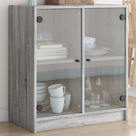 Side Cabinet with Glass Doors Grey Sonoma 68x37x75.5 cm vidaXL