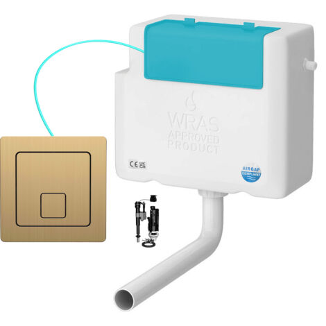 Side Entry Concealed Toilet Cistern WC with Dual Flush Brushed Brass Square Button - Includes WRAS Internals & Pipe