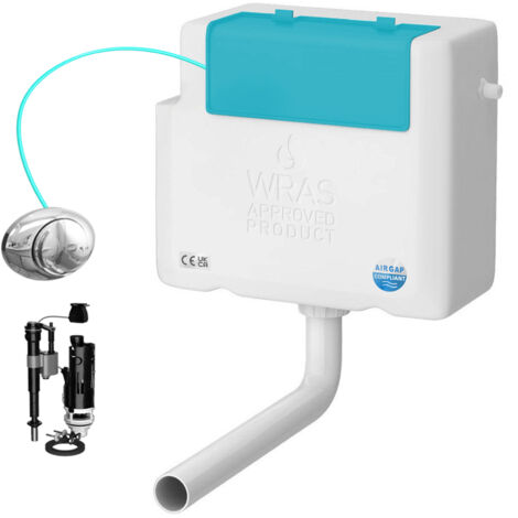 Side Entry Concealed Toilet Cistern WC with Dual Flush Polished Chrome Push Button - Includes WRAS Internals & Pipe
