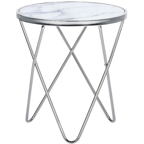 Side Table Hairpin Legs Tempered Glass Round Top Marble Effect White ø 50 cm Meridian