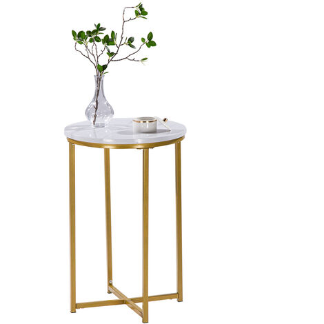 Side Table Marble Effect, Modern Small Round Coffee Tea End Side Table with Metal Gold Frame for Living Room Bedroom, 40 x 40 x 60cm