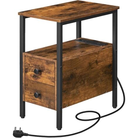 Side Table, Narrow Bedside Table with Charging Station, USB Ports & Power Outlets, Slim Side Table for Small Spaces, 2 Drawers, Industrial Nightstand, HOOBRO EBF548KBZ01G1