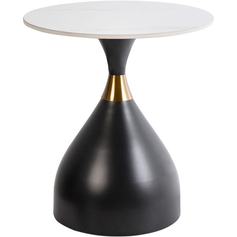 Beliani - Side Table Sintered Stone Top White Natural Look Black Metal Base Gold Accent Modern Design Ø 50 Cm Ituna