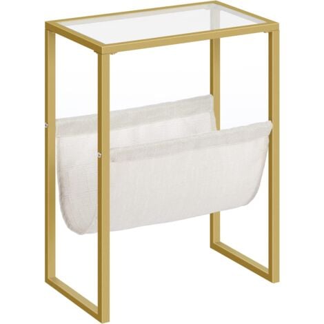 Side Table, Slim Gold Side Table, Small Coffee Snack Table, Sofa End Table with Fabric Magazine Holder, Bedside Table for Small Spaces, Bedroom, Living Room, HOOBRO EGD66BZ01