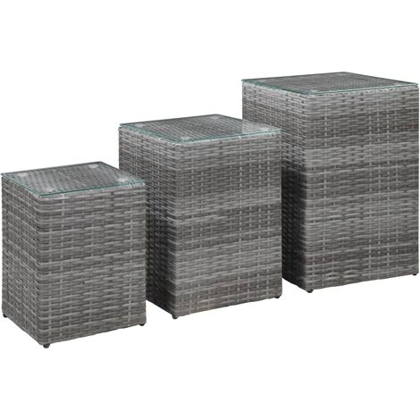 Side Tables 3 pcs with Glass Top Grey Poly Rattan vidaXL