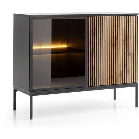 Sideboard 104 cm Haller - Kommode mit 2 Türen - LED-Beleuchtung, Holzbeinen, Lamellen - Loft Stil (Wotan Eiche / Schwarz)