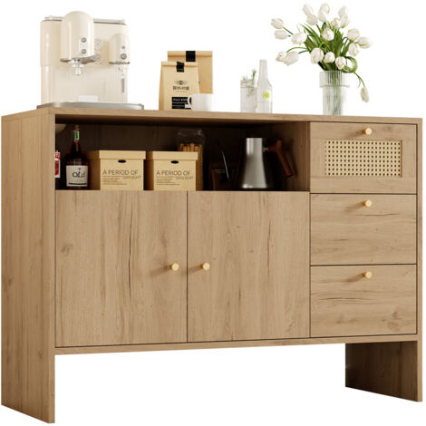 Sideboard 105×40×76 cm meuble cuisine rotin buffet 2 portes 3 tiroirs poignées dorées bois naturel style vintage