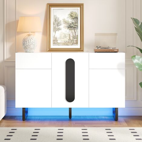 Sideboard 120x40,5x75cm – mit großem Stauraum, Schubladen und Türen – LED – schwarze Griffe und Metallfüße – Weiß