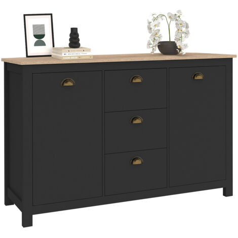 Sideboard 130 cm ISIS Kampagne 2 Türen und 3 Schubladen Holz und Schwarz