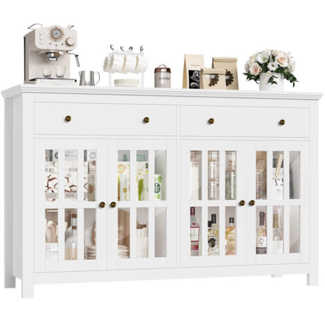 Sideboard 140×40×91 cm Buffet Cuisine Vitrine 4 Portes Vitrées 2 Tiroirs Étagères Réglables Meuble de Rangement Cuisine Salon Blanc