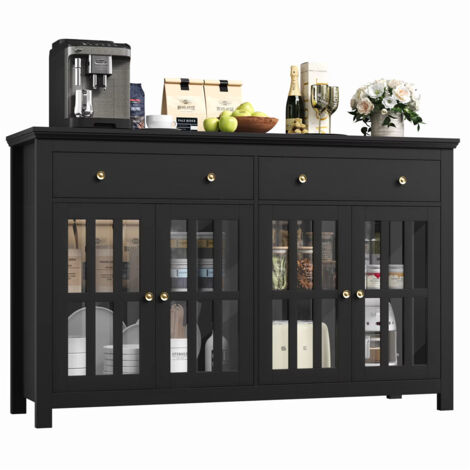 Sideboard 140×40×91 cm Buffet Cuisine Vitrine 4 Portes Vitrées 2 Tiroirs Étagères Réglables Meuble de Rangement Cuisine Salon Noir