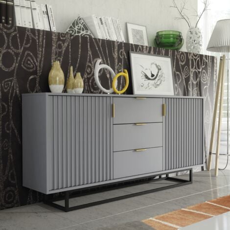 OLIVIA FURNITURE Sideboard 140cm Loft Retro Milled Fronts TV Unit - Dark Grey