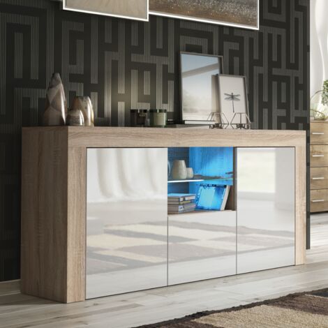 Sideboard 145cm Oak Modern Stand White Gloss Doors Free LED