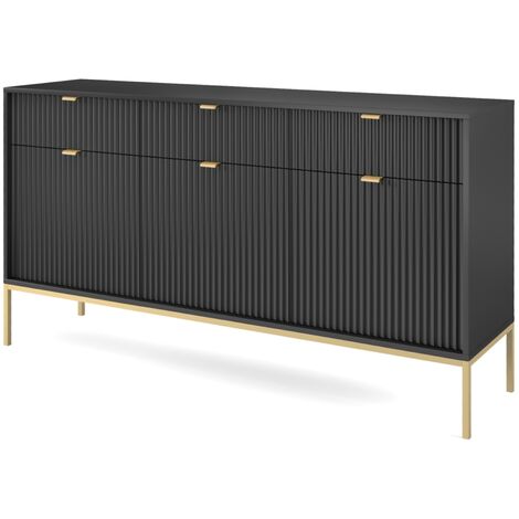 Sideboard 150 cm Galla - Dreitürige Kommode mit Schubladen - Beinen, geriffelten Fronten & goldene Griffe (Schwarz + Gold)