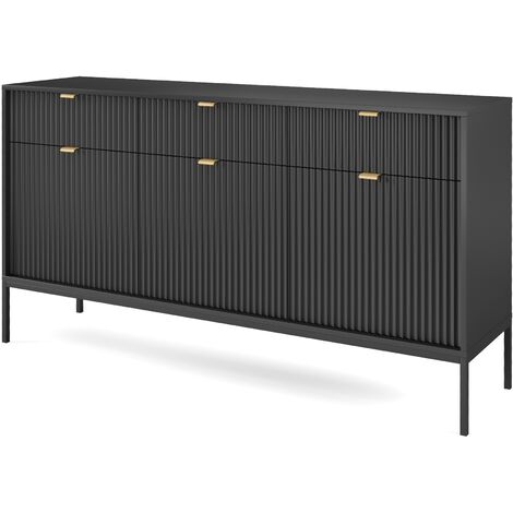 Sideboard 150 cm Galla - Dreitürige Kommode mit Schubladen - Beinen, geriffelten Fronten & goldene Griffe (Schwarz + Schwarz)