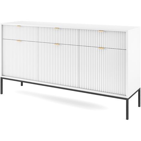 Sideboard 150 cm Galla - Dreitürige Kommode mit Schubladen - Beinen, geriffelten Fronten & goldene Griffe (Weiß + Schwarz)