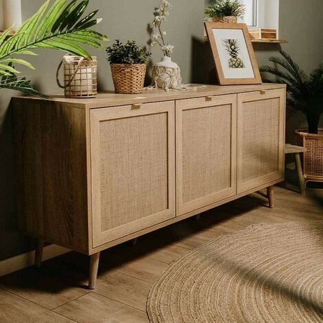 TOSCOHOME Sideboard, 150 cm, mit 3 Türen in Flechtoptik und eichenfarbenem Rahmen - Bali 51A