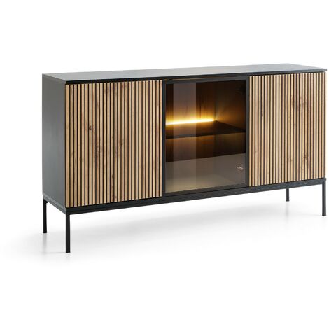 Sideboard 154 cm Haller - Holzbeinen, 3 Türen, Kommode mit Lamellen - LED-Beleuchtung - Loft Stil (Wotan Eiche / Schwarz)