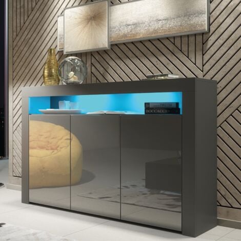 Sideboard 155cm Dark Grey Modern Stand Gloss Doors Free LED