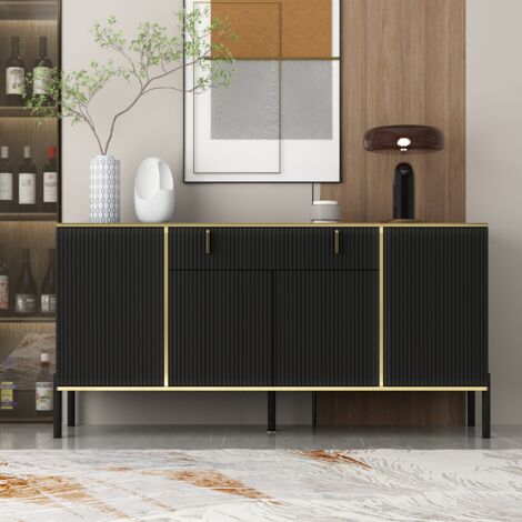 Sideboard 160 cm mit 1 großen Schublade,Kommodeschrank mit 5 Füßen,4-türige Buffetschrak,schwarzes Sideboard für Wohnzimmer,Esszimmer,Schlafzimmer,Schwarz und Gold 160 x 40 x 80 cm