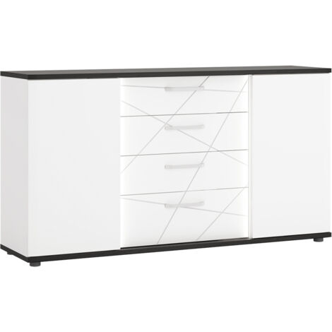 Sideboard 161cm in weiß Hochglanz mit Eiche schwarz, inkl. Beleuchtung, VISALIA-129