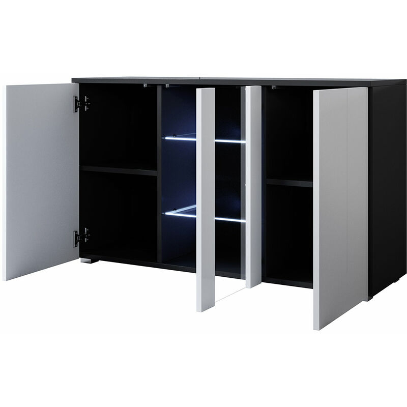 Sideboard 2 Türen 1 Vitrine – Glänzendes Melamin Schwarz und Weiß LED – 120 x 70 x 40cm – SIDEBOARD LUKE A1