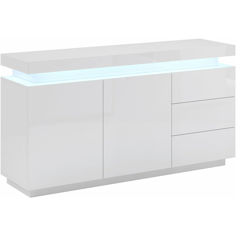 Sideboard 2 Türen 3 Schuhbladen – Hochglänzendes PVC Weiß LED 16 Farben Aluminiumgriffe – 150 x 80 x 40cm – SIDEBOARD OSIM