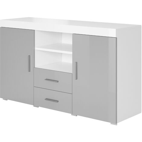 Sideboard 2 Türen 2 Schuhbladen – Glänzendes Melamin Weiß und Grau Aluminiumgriffe – 140 x 80 x 40cm – SIDEBOARD ROQUE