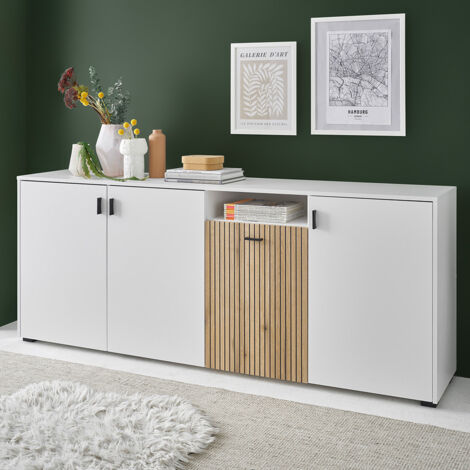 Sideboard 200 cm breit weiß matt mit Eiche gerillt HUNTER-61