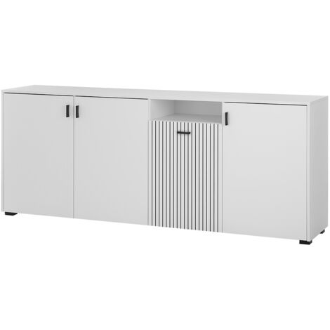 Sideboard 200 cm breit weiß matt mit schwarz gerillt HUNTER-61