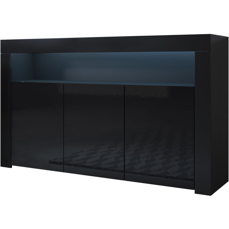 Lettiemobili - Sideboard 3 Türen – Glänzendes Melamin Schwarz 16 Farben LED - 155 x 91,5 x 37cm – SIDEBOARD AKER