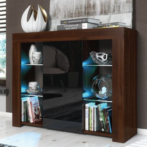 OLIVIA FURNITURE Sideboard 97cm Walnut Modern Stand Gloss Black Doors Free LED