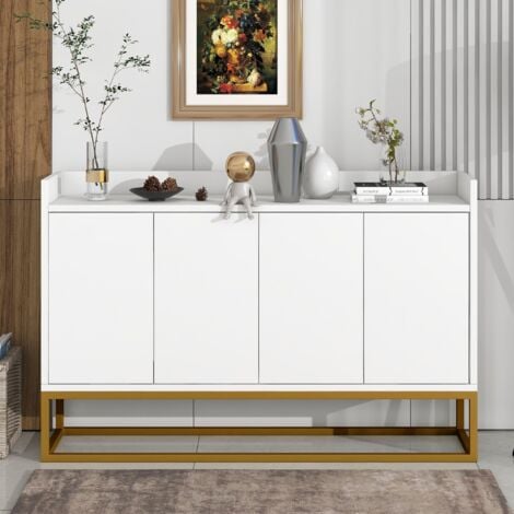 TANANT Sideboard, Anrichte, Buffetschrank mit 4 Türen, ohne Griffe, 3 Einlegeböden, Metallrahmen, modern, 120x30x80cm - Weiß