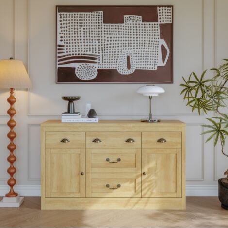 Sideboard, Anrichte, Buffetschrank mit Fünf Schubladen und zwei Türen, Aufbewahrungsmöbel für Wohnzimmer, moderner minimalistischer Stil, 135 × 40 x 80cm, Naturfarbe