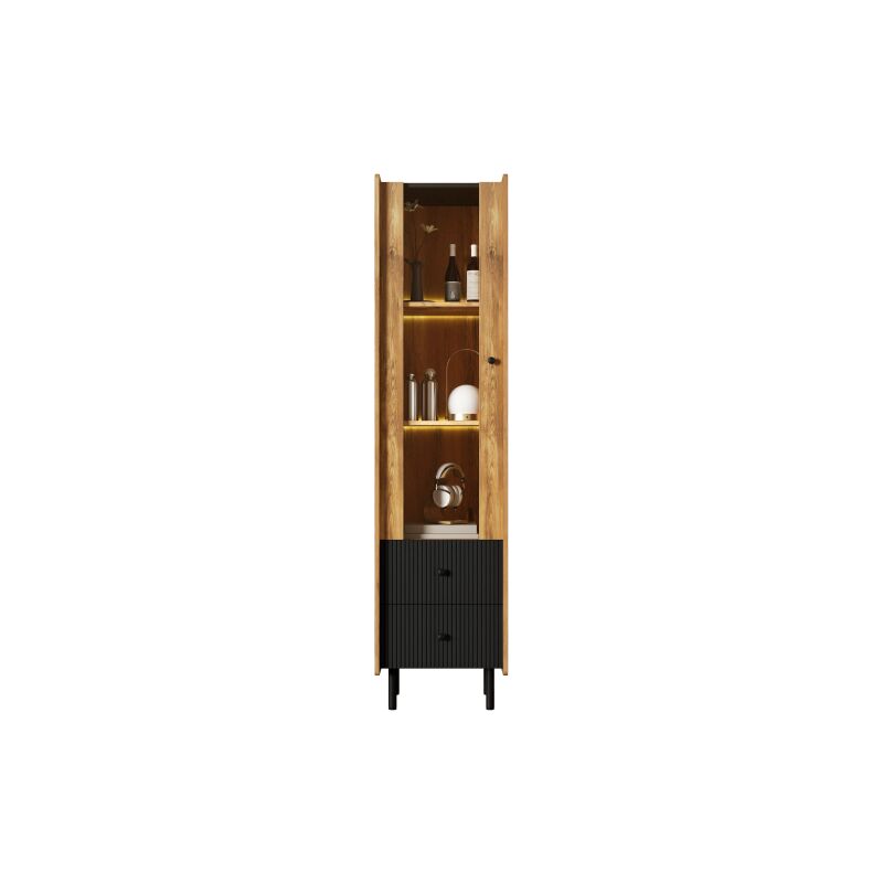 Ineasicer - Sideboard, armoire haute en bois noir veiné - 180 x 44 x 40 cm avec porte vitrée, lumière led jaune, 2 tiroirs