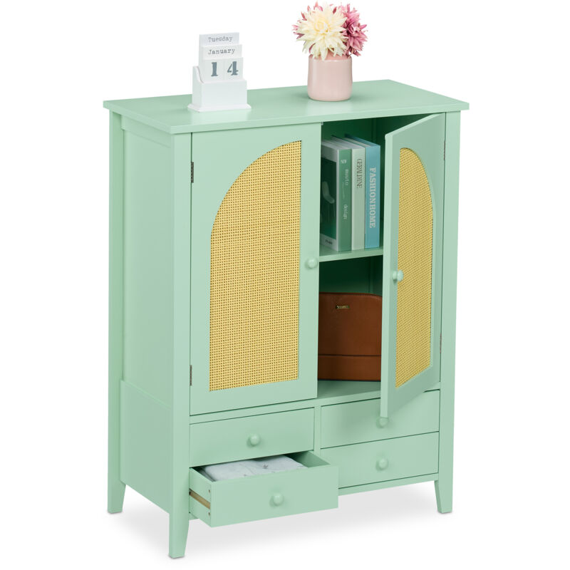 Sideboard, aspect rotin, 4 tiroirs, 2 compartiments, hlp 90x70x34 cm, salon, cuisine, entrée, turquoise/nature - Relaxdays