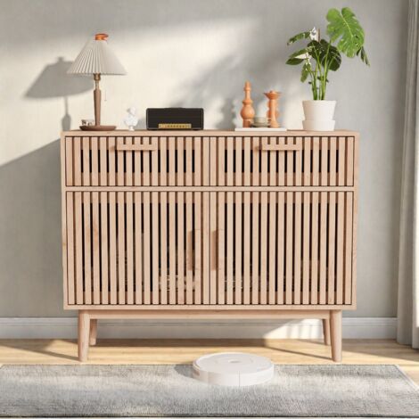 Sideboard aus Korbgeflecht,  mit zwei Türen und zwei Schubladen, Aufbewahrungsmöbel aus Holz, Küchenschrank, 100 x 35 x 80 cm, naturbelassen