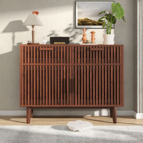 Sideboard aus Korbgeflecht,  mit zwei Türen und zwei Schubladen, Aufbewahrungsmöbel aus Holz, Küchenschrank, 100 x 35 x 80 cm, Walnussholzfarbe