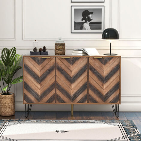 Sideboard aus Spanplatte in Holzfarben/Schwarz, 120 x 38 x 76,5 cm, 3 Türen, 6 Fächer, goldene Griffe, Eisenfüße
