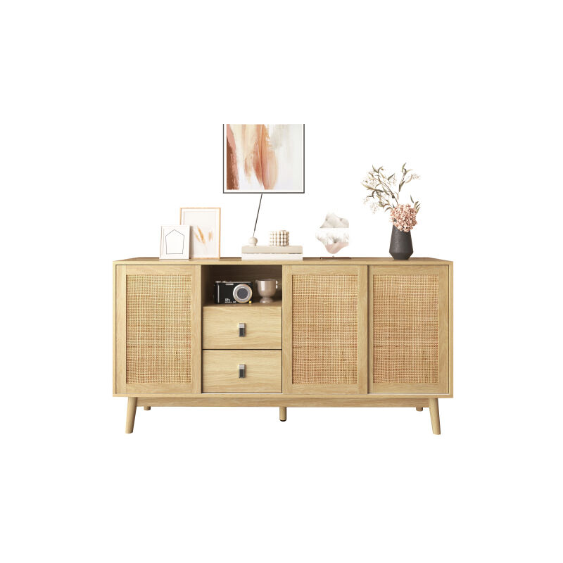Sideboard avec 3 portes coulissantes en rotin véritable et 2 tiroirs, 155x38x80 cm, respirant, stable et polyvalent
