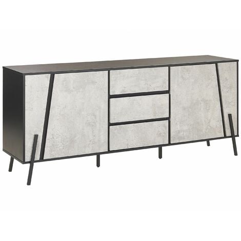 Sideboard Betonoptik Schwarz Spanplatte Pulverbeschichtetes Metall 75 x 177 x 40 cm Modern Drei Schubladen Viel Stauraum Wohnzimmer